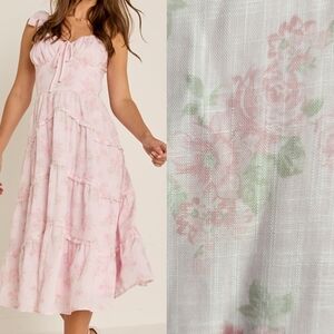 Francesca's Preppy Ellena Tie Strap Ruffle Tiered Midi Milkmaid Dress in Pink M